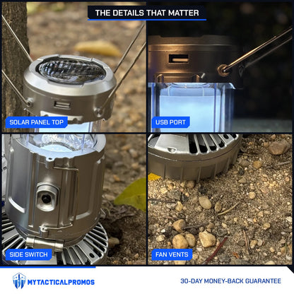 Solar Camping Lantern close-ups: solar panel top, USB port, side switch, fan vents