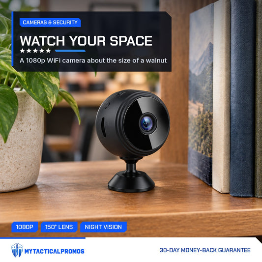 Circle Mini Spy Camera on a bookshelf in a home office