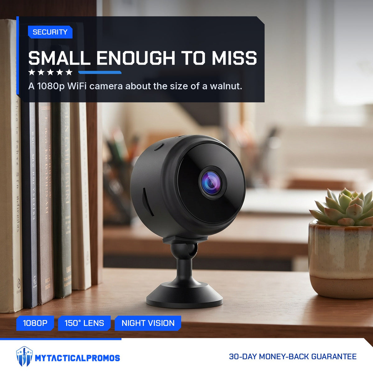 Circle Mini Spy Camera on a bookshelf in a home office