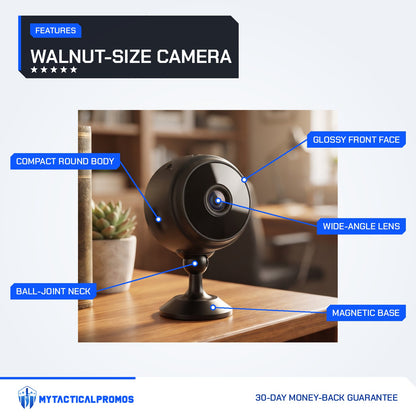 Circle Mini Spy Camera features labeled: compact round body, ball-joint neck, wide-angle lens, glossy front face, magnetic base