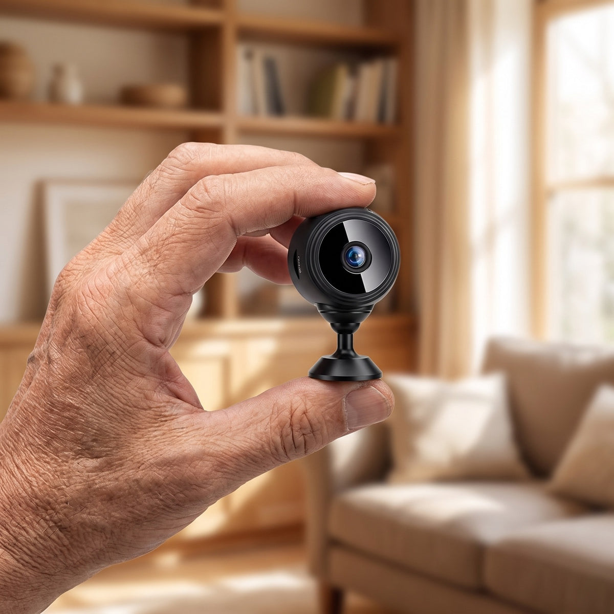Circle Mini Spy Camera held between two fingers to show its walnut size