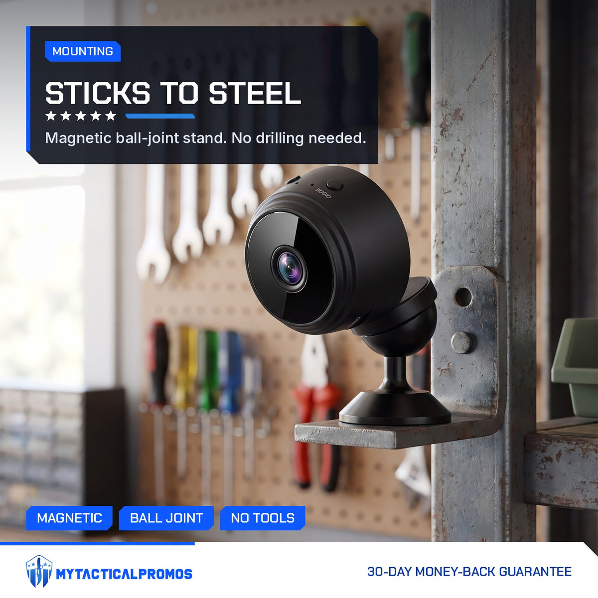 Circle Mini Spy Camera stuck to a steel shelf upright in a home workshop