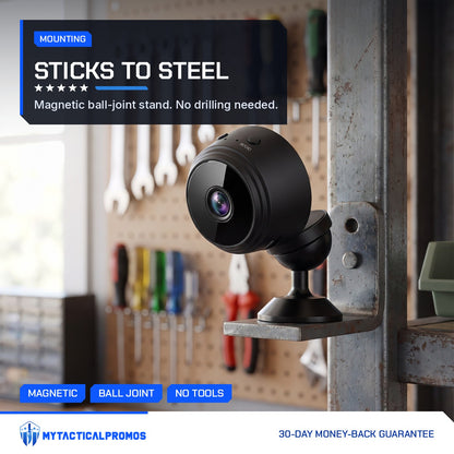 Circle Mini Spy Camera stuck to a steel shelf upright in a home workshop