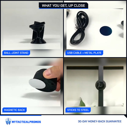 Circle Mini Spy Camera close-ups: ball-joint stand, USB cable and metal plate, magnetic back, stuck to a steel post