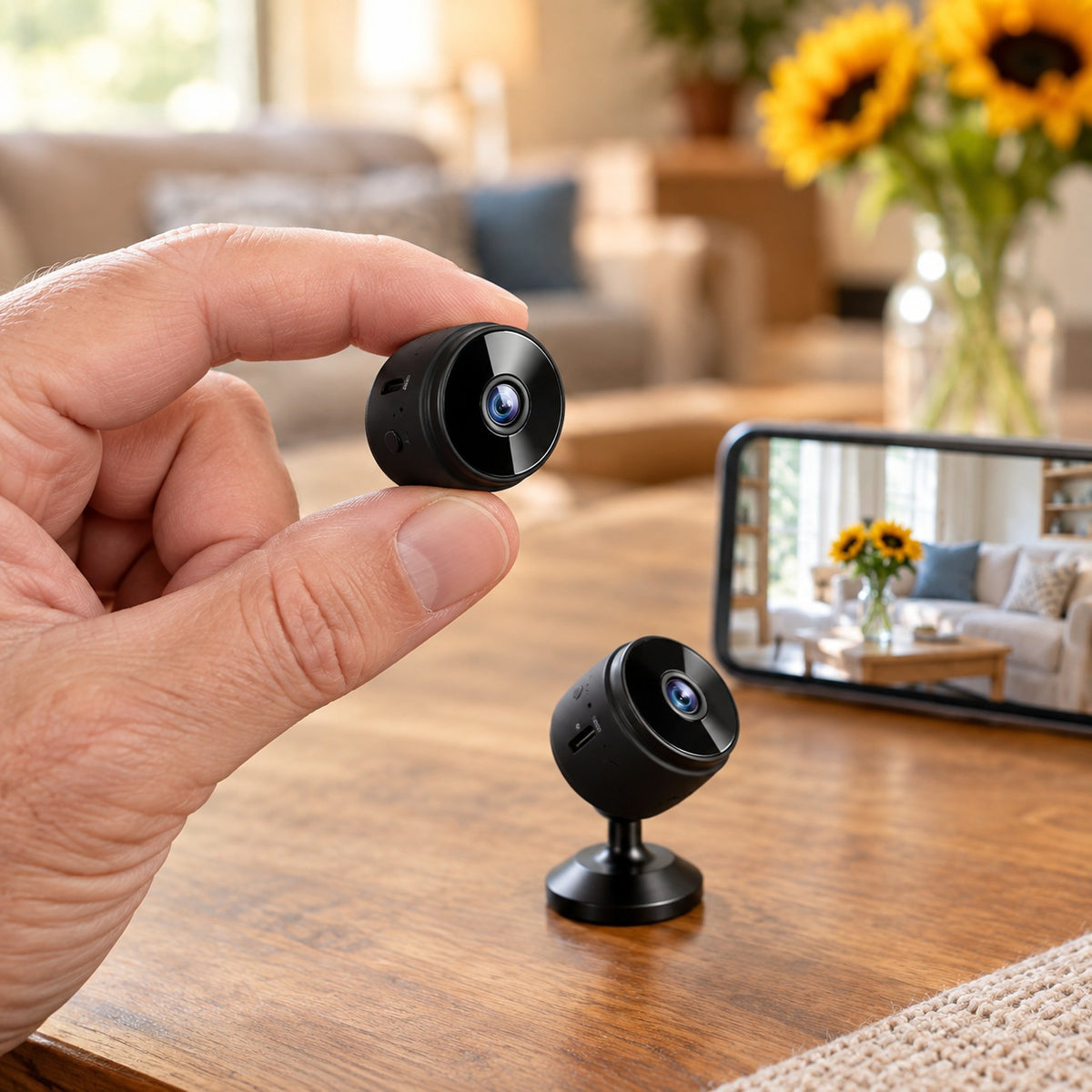 Circle Mini Spy Camera in hand with a second camera and a phone on a living room table