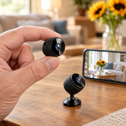 Circle Mini Spy Camera in hand with a second camera and a phone on a living room table