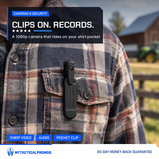 Clip-On Mini Spy Camera clipped to a flannel shirt pocket on a farm