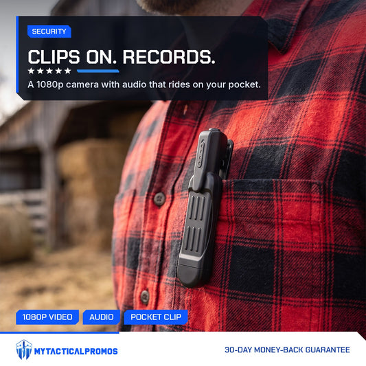 Clip-On Mini Spy Camera clipped to a red flannel shirt pocket on a farm