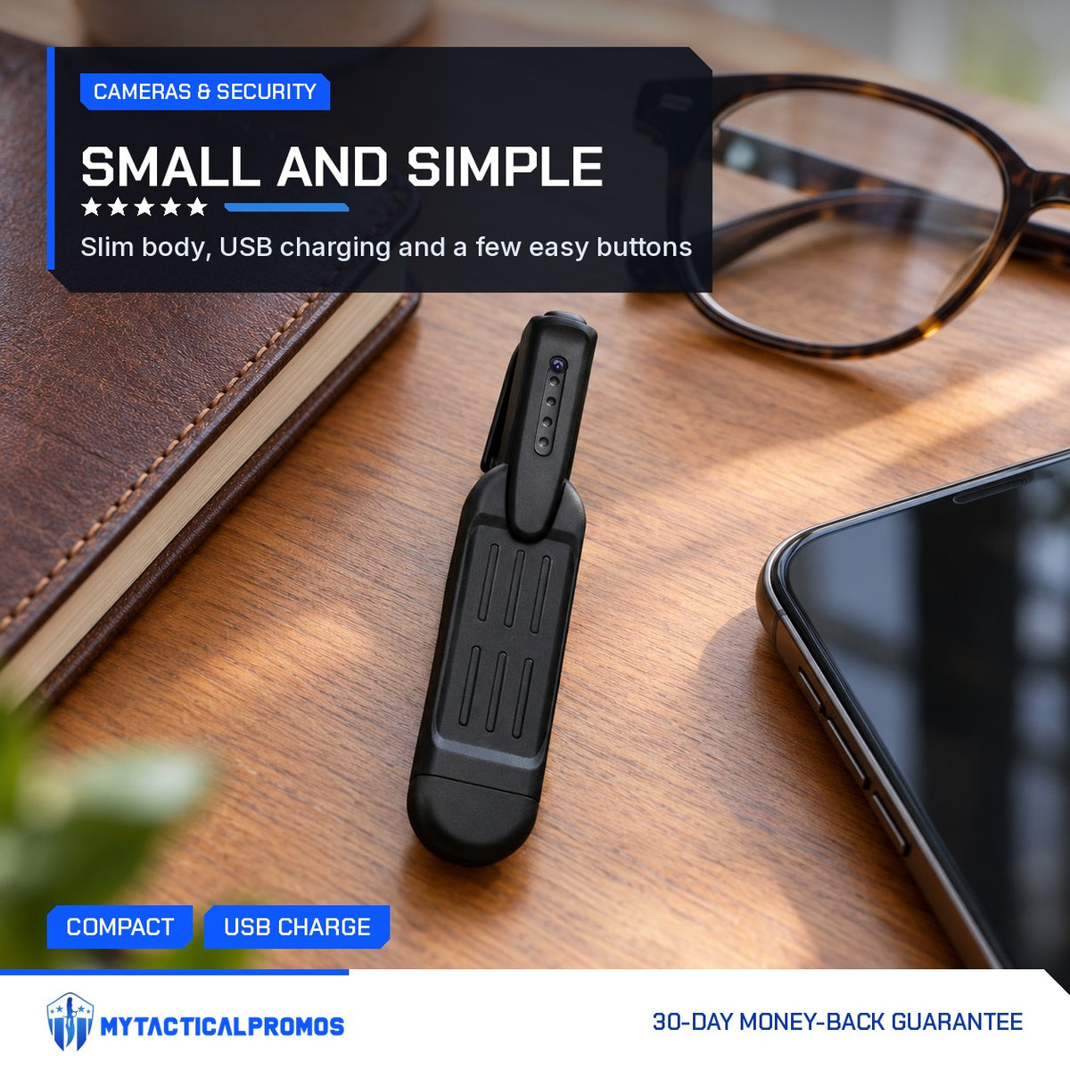 Clip-On Mini Spy Camera on a desk beside a notebook and phone