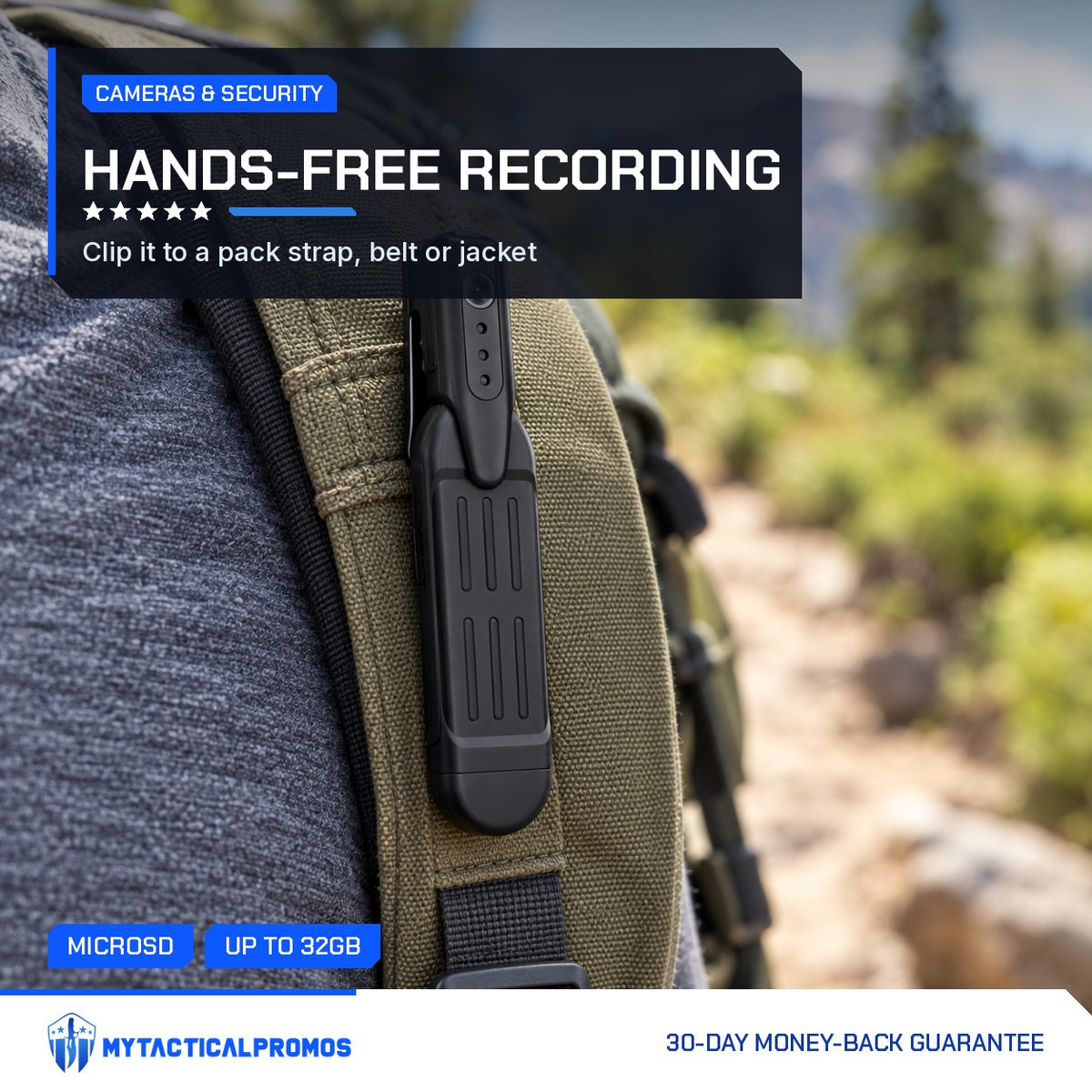 Clip-On Mini Spy Camera clipped to a backpack shoulder strap on a trail