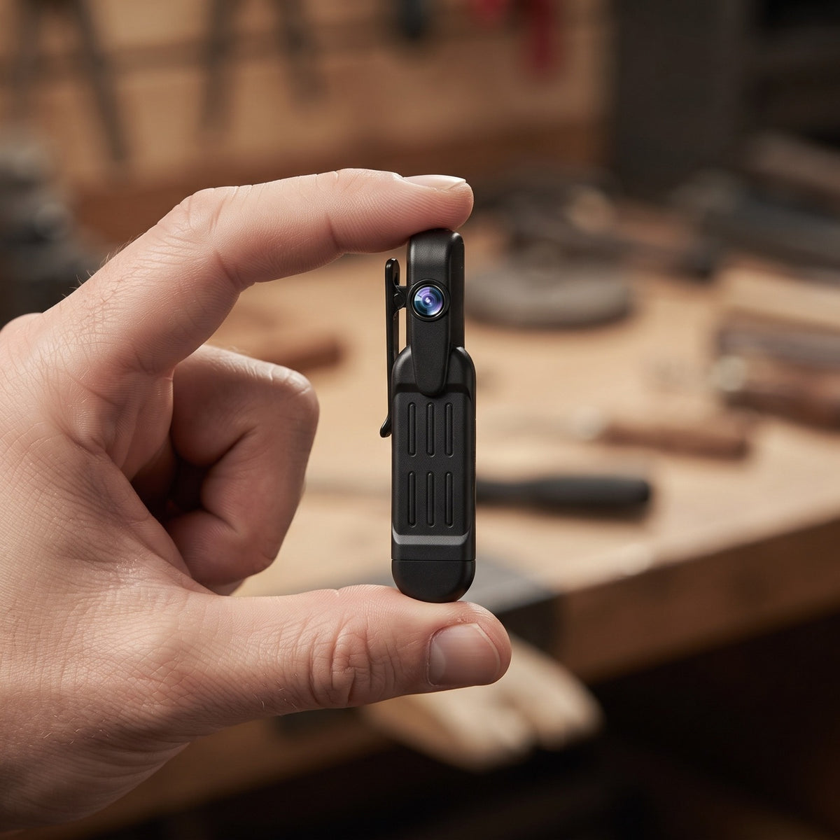 Clip-On Mini Spy Camera held between finger and thumb to show its size