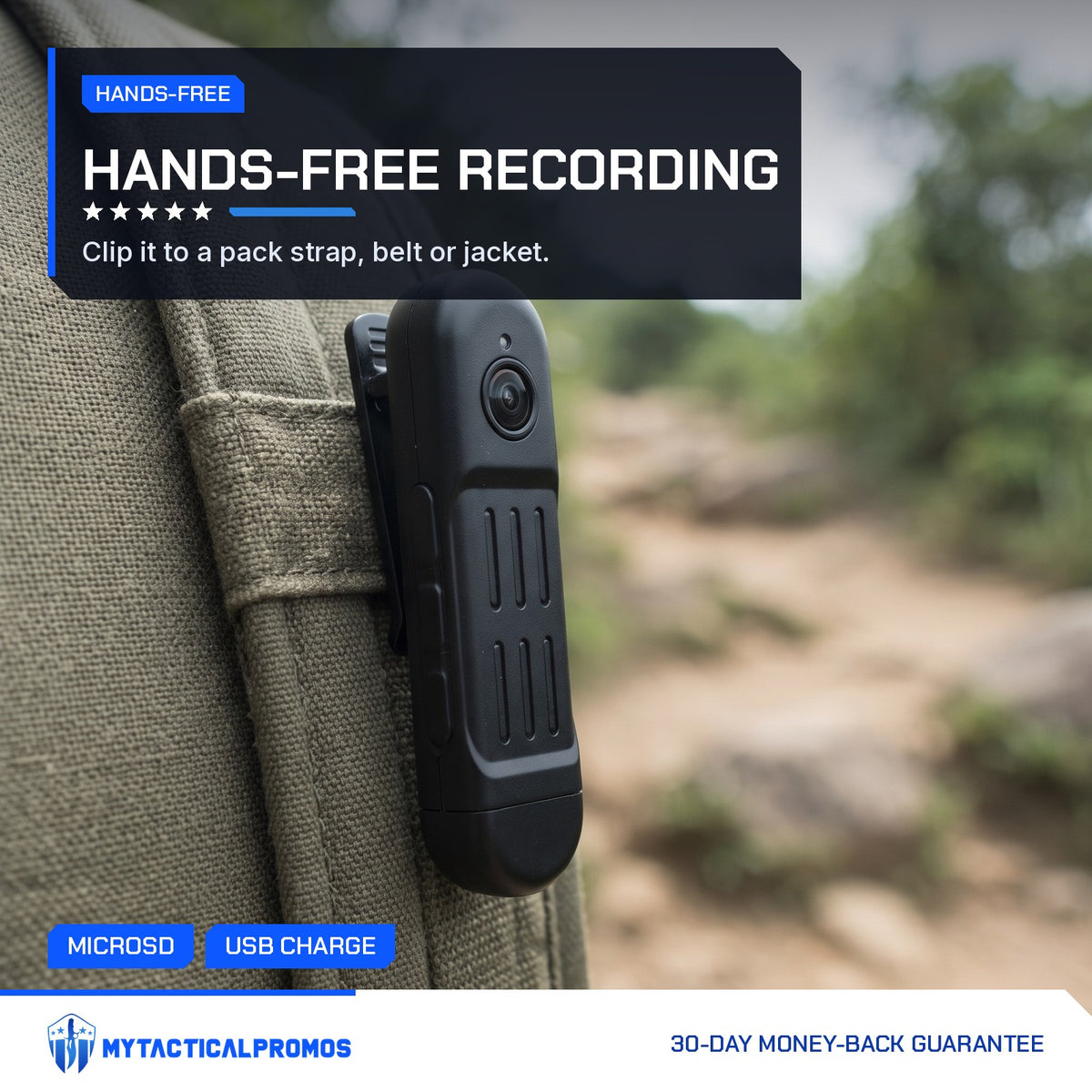 Clip-On Mini Spy Camera clipped to a backpack shoulder strap on a trail