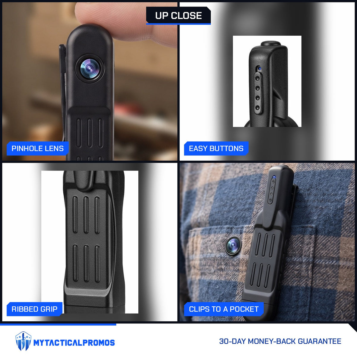 Clip-On Mini Spy Camera close-ups: pinhole lens, easy buttons, ribbed grip, clipped to a shirt pocket