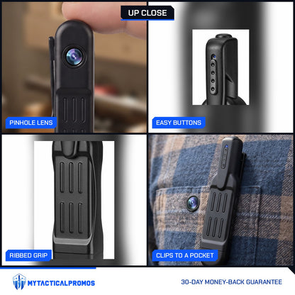 Clip-On Mini Spy Camera close-ups: pinhole lens, easy buttons, ribbed grip, clipped to a shirt pocket