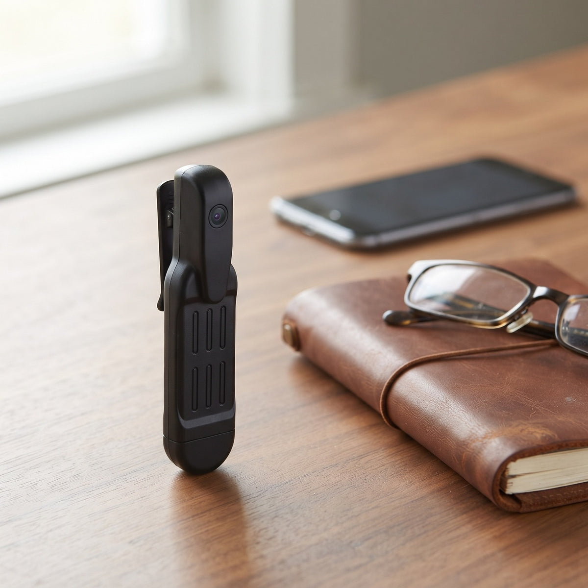 Clip-On Mini Spy Camera standing on a desk next to a notebook and phone