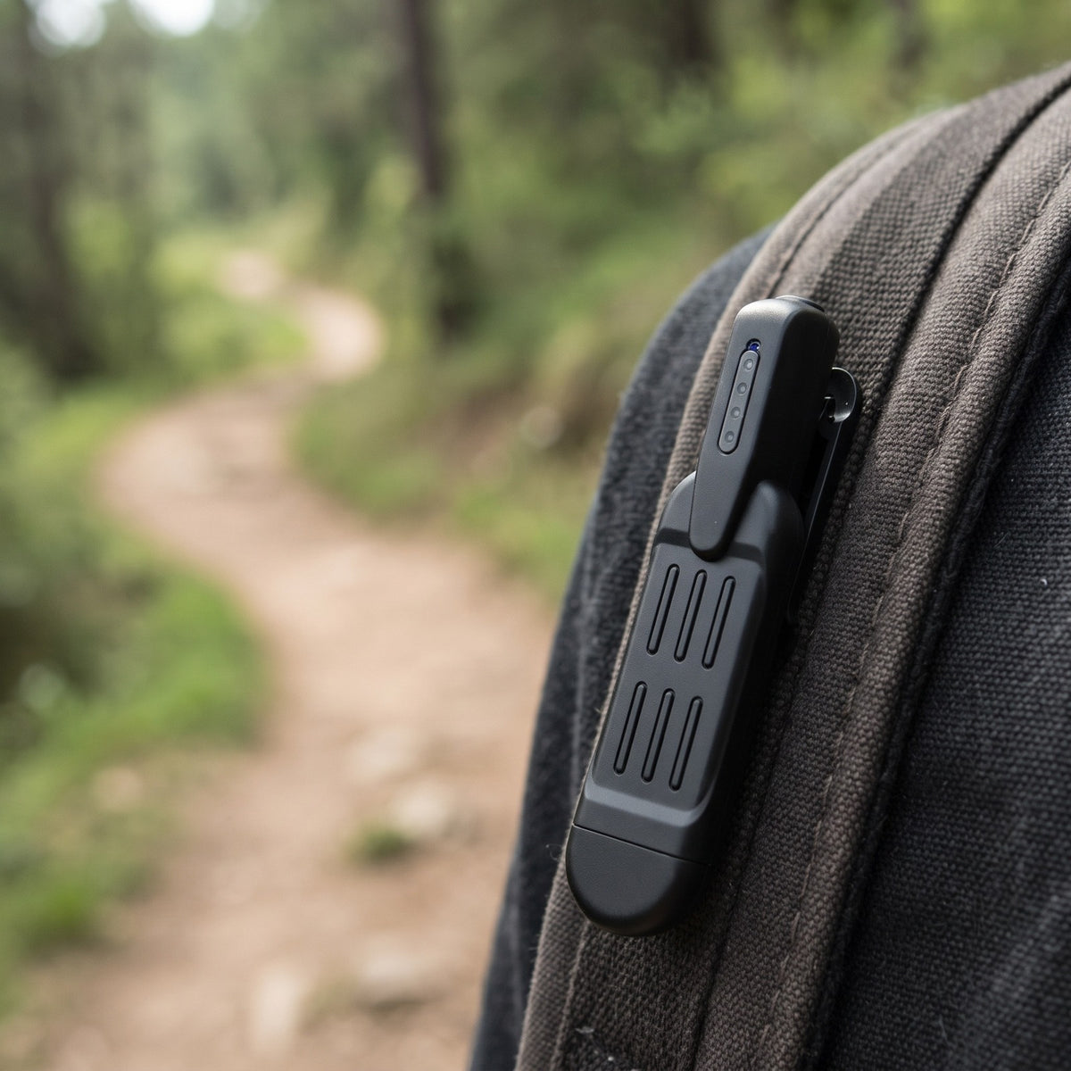 Clip-On Mini Spy Camera clipped to a backpack strap, seen from behind on a forest trail