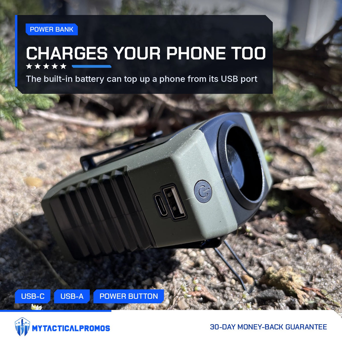 Clip-On Waist Fan side view with USB-C and USB-A ports and fold-out stand