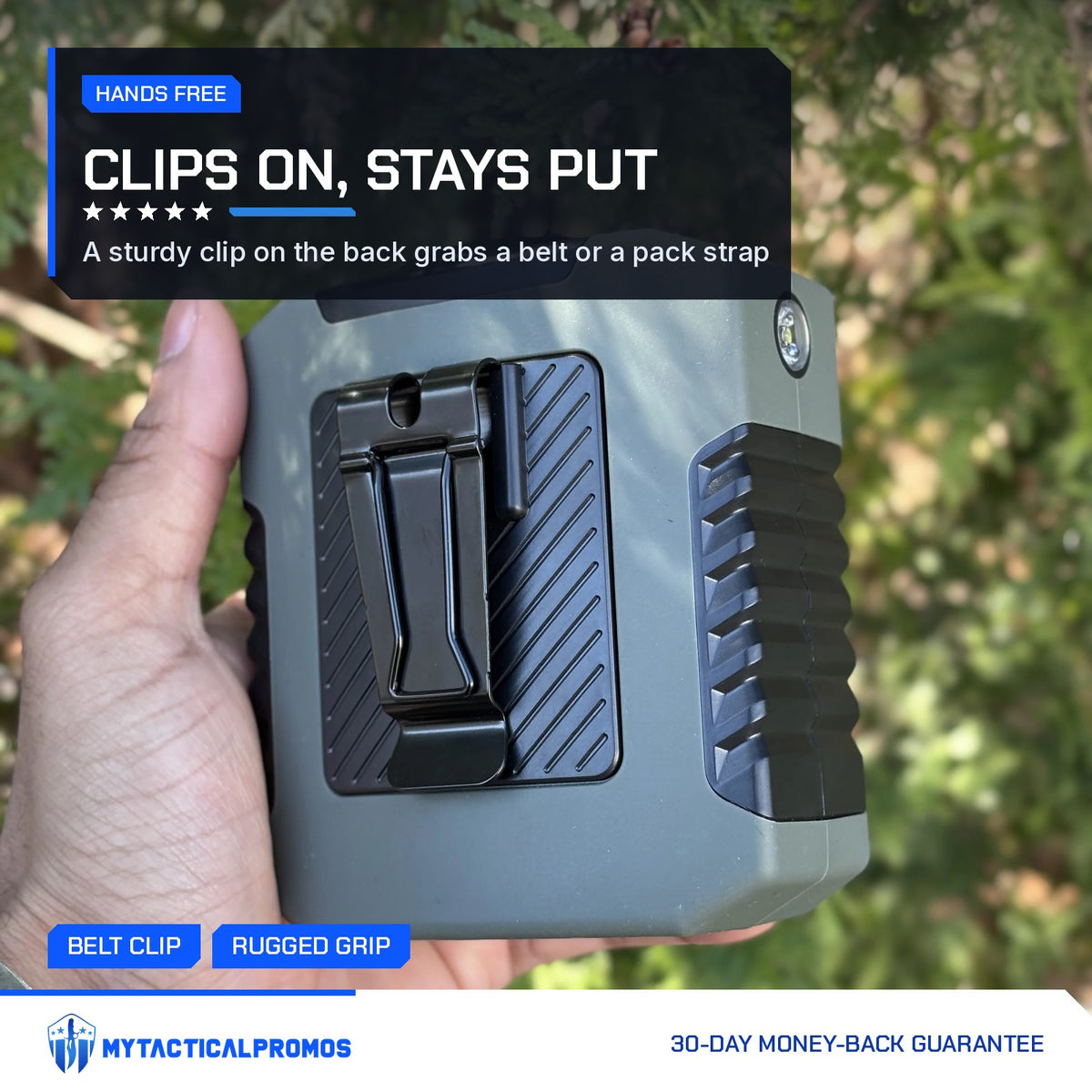 Clip-On Waist Fan held in hand showing the belt clip on the back