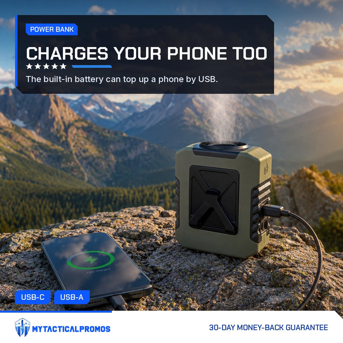 Clip-On Waist Fan charging a phone by USB cable on a mountain rock