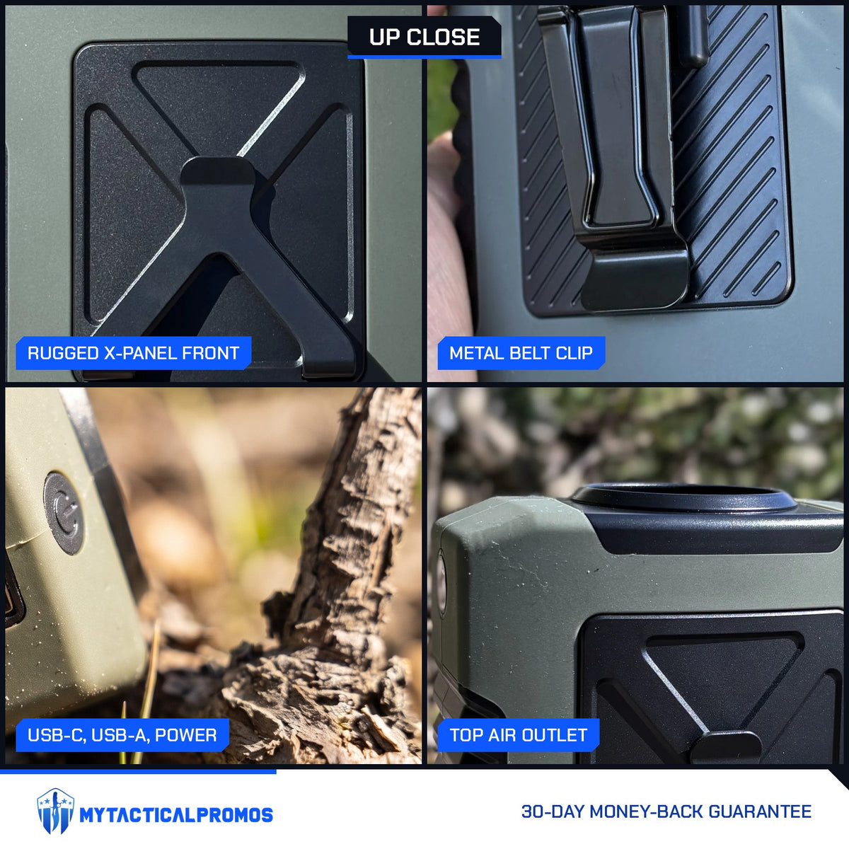 Clip-On Waist Fan close-ups: rugged X-panel front, metal belt clip, USB-C, USB-A and power button, top air outlet
