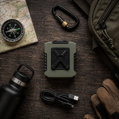 Clip-On Waist Fan with a compass, map, carabiner and water bottle