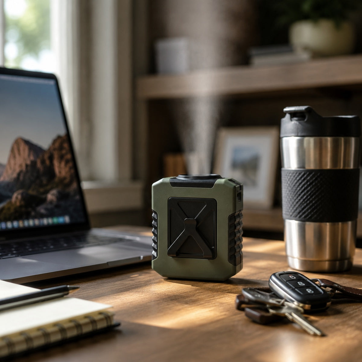 Clip-On Waist Fan on a home office desk next to a laptop and travel mug