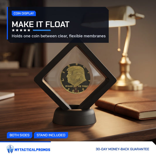 CoinSeal Floating Coin Display on a home office desk holding a gold coin