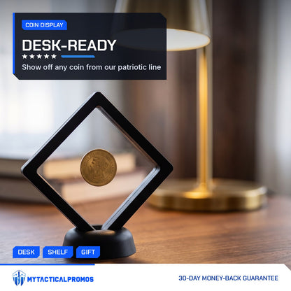 CoinSeal Floating Coin Display holding a gold coin on a desk under a brass lamp