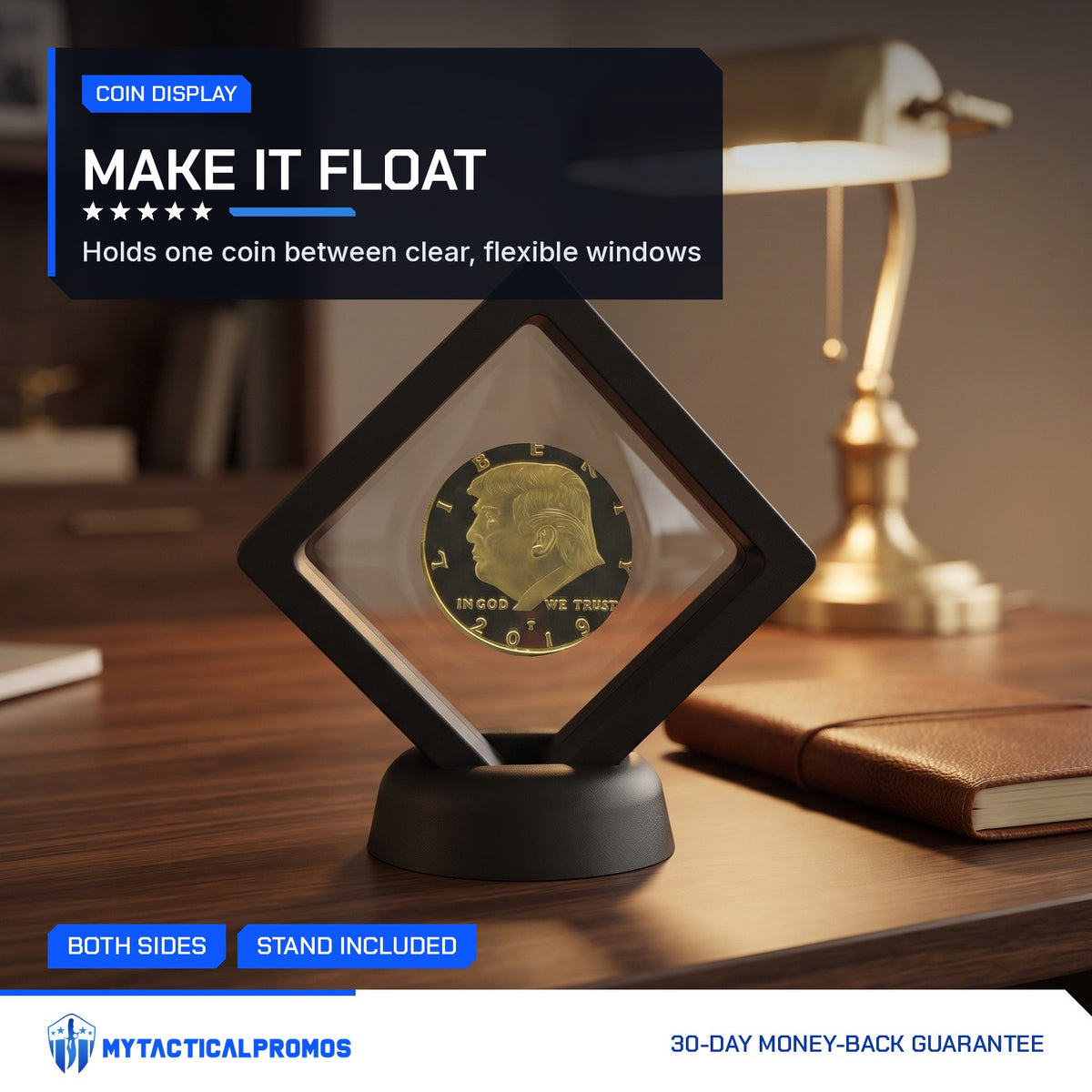 CoinSeal Floating Coin Display on a home office desk holding a gold coin (coin not included)
