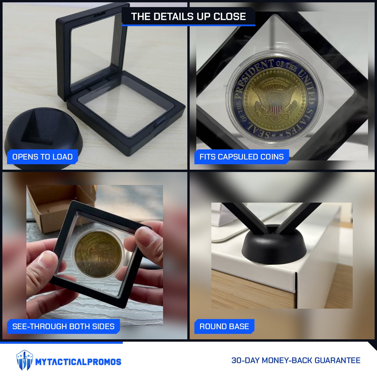 CoinSeal Floating Coin Display close-ups: opens to load, fits capsuled coins, see-through in hand, round base