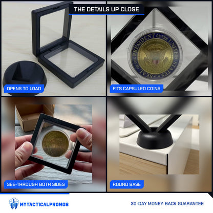 CoinSeal Floating Coin Display close-ups: opens to load, fits capsuled coins, see-through in hand, round base