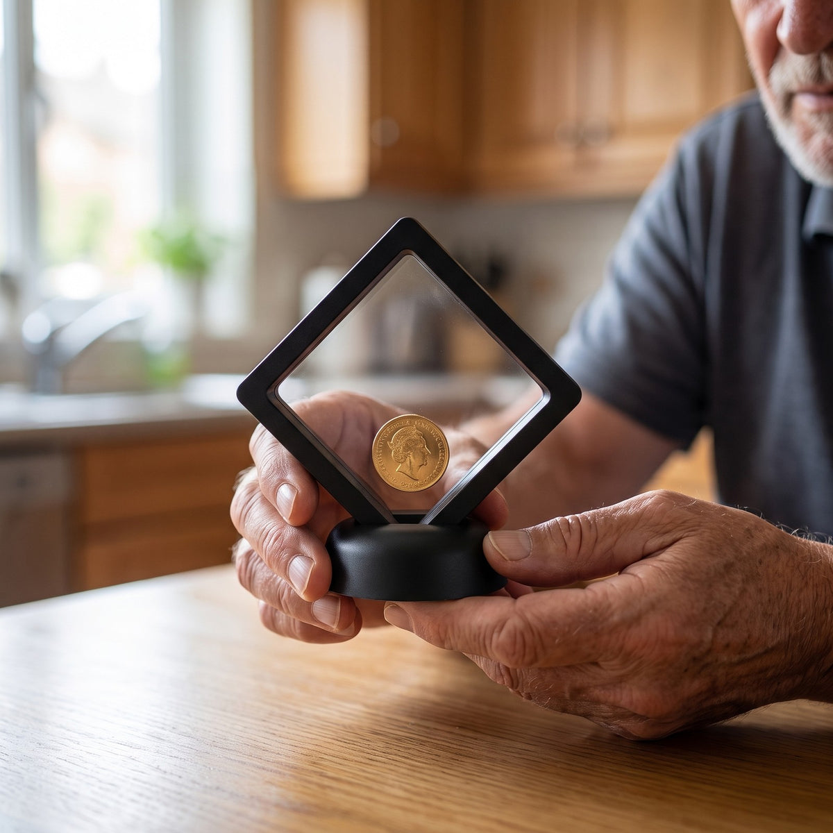 CoinSeal Floating Coin Display held in two hands at a kitchen table