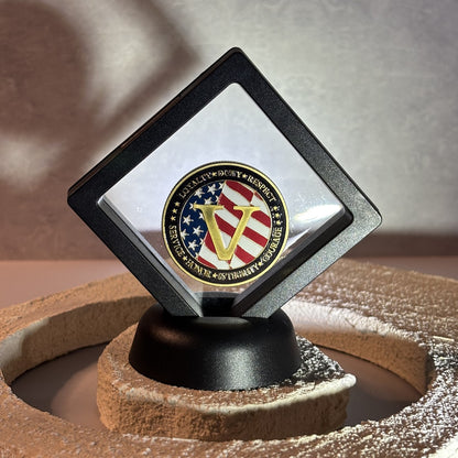 CoinSeal Floating Coin Display holding a red, white and blue veteran coin