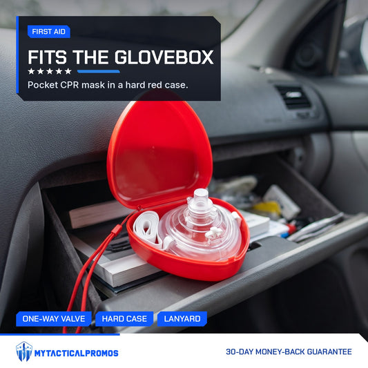 CPR Car Kit open in a car glovebox showing the CPR mask