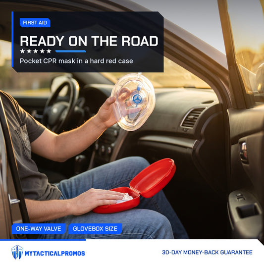 Driver holding the CPR Car Kit mask with the open red case on his lap