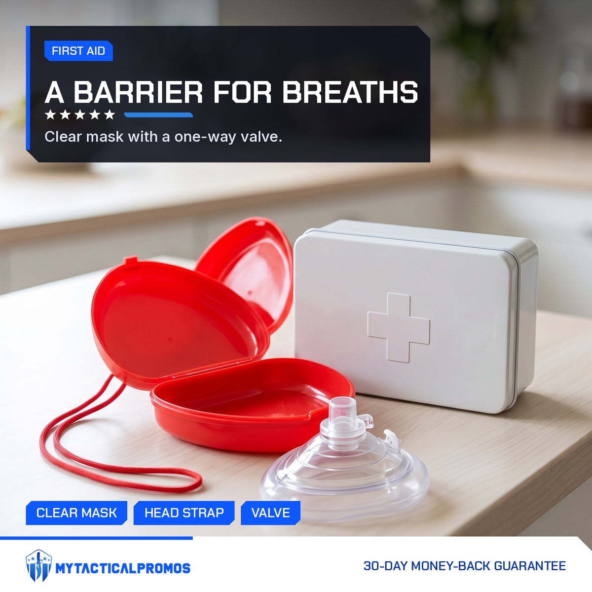 CPR Car Kit red case and clear CPR mask with one-way valve on a counter