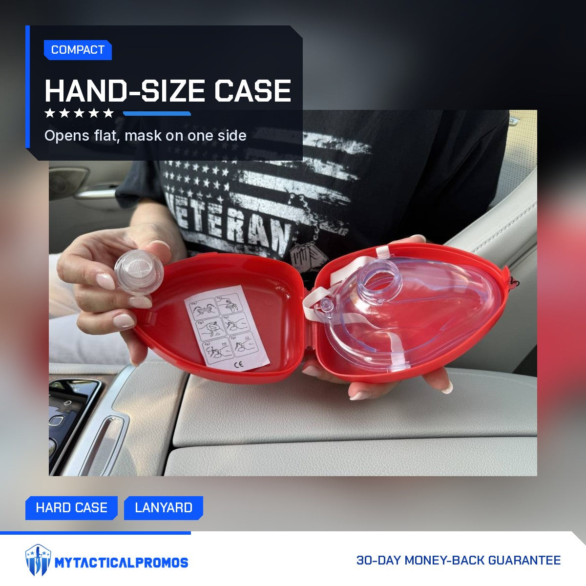 CPR Car Kit red case held open in two hands with the mask and picture guide inside