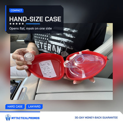 CPR Car Kit red case held open in two hands with the mask and picture guide inside