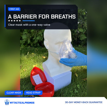 CPR Car Kit clear mask fitted on a training head outdoors with the red case below