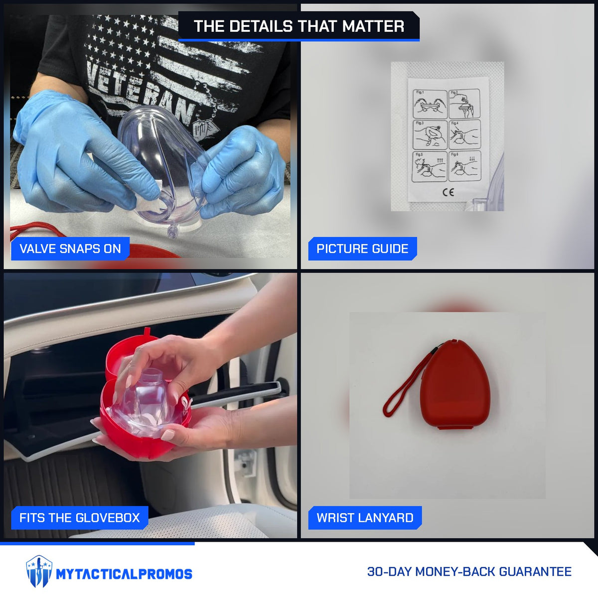 CPR Car Kit close-ups: valve snapping onto the mask, picture guide, case going into a glovebox, wrist lanyard