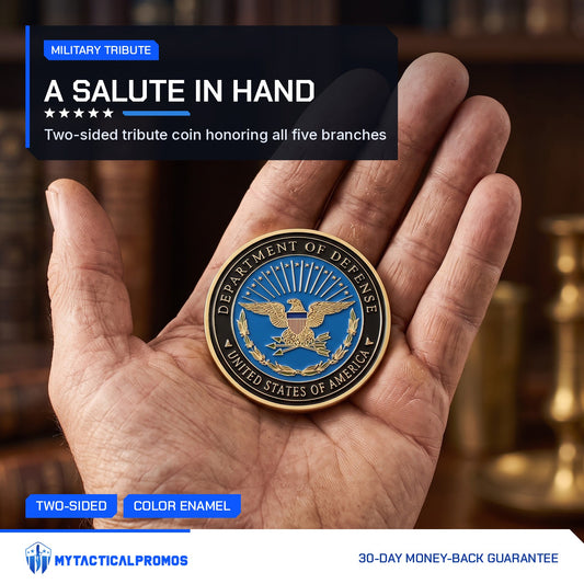 Defense Tribute Coin held in an open palm, blue enamel eagle side