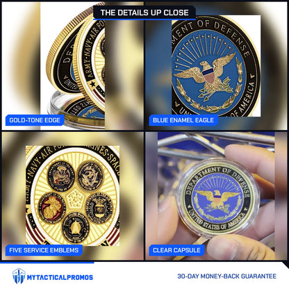 Defense Tribute Coin close-ups: gold-tone edge, blue enamel eagle, five service emblems, clear capsule