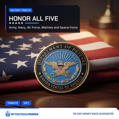 Defense Tribute Coin eagle side resting on a folded American flag