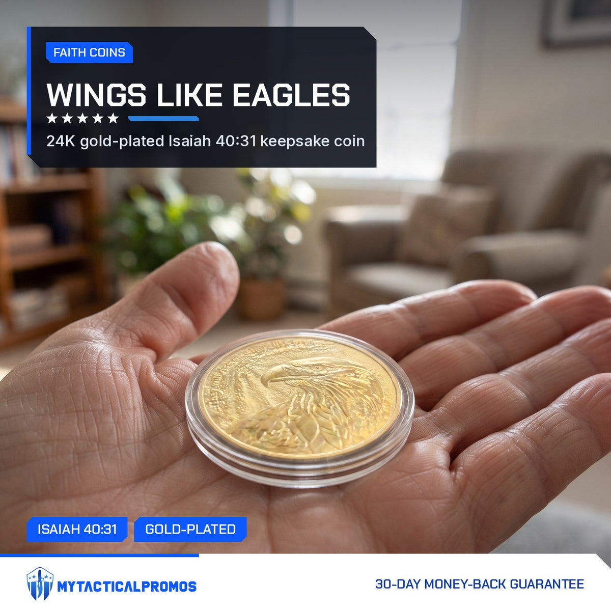 Isaiah 40:31 Eagle Coin in its capsule resting in an open palm