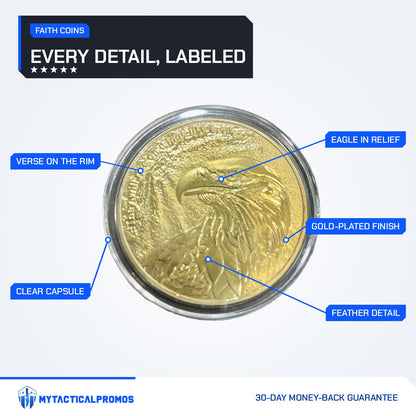 Isaiah 40:31 Eagle Coin eagle side labeled: verse on the rim, clear capsule, eagle head in relief, feather detail, gold-plated finish