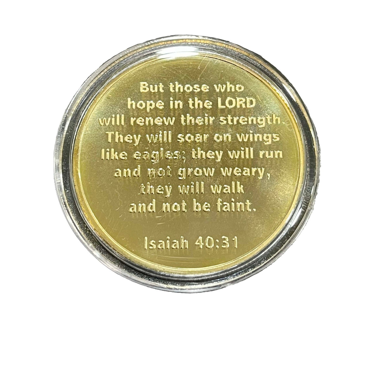 Isaiah 40:31 Eagle Coin reverse with the full verse: But those who hope in the Lord will renew their strength