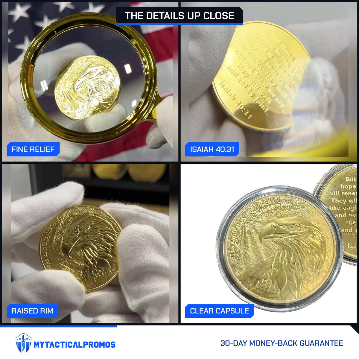 Isaiah 40:31 Eagle Coin close-ups: fine relief under a magnifier, Isaiah 40:31 verse, raised rim, clear capsule