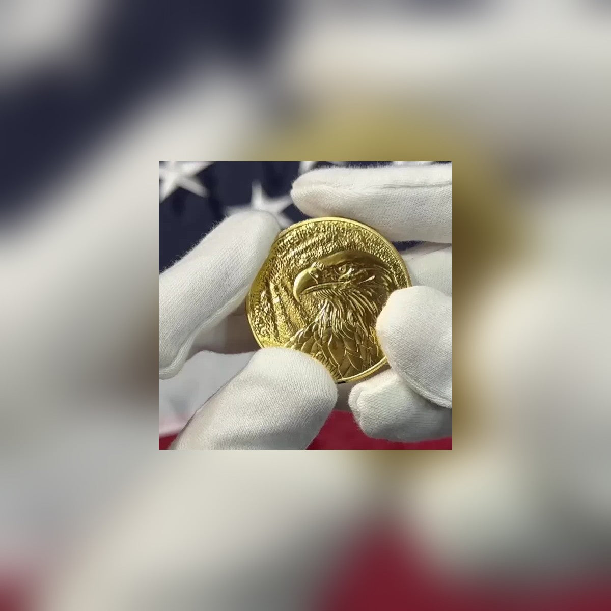 Isaiah 40:31 Eagle Coin held in white gloves in front of an American flag