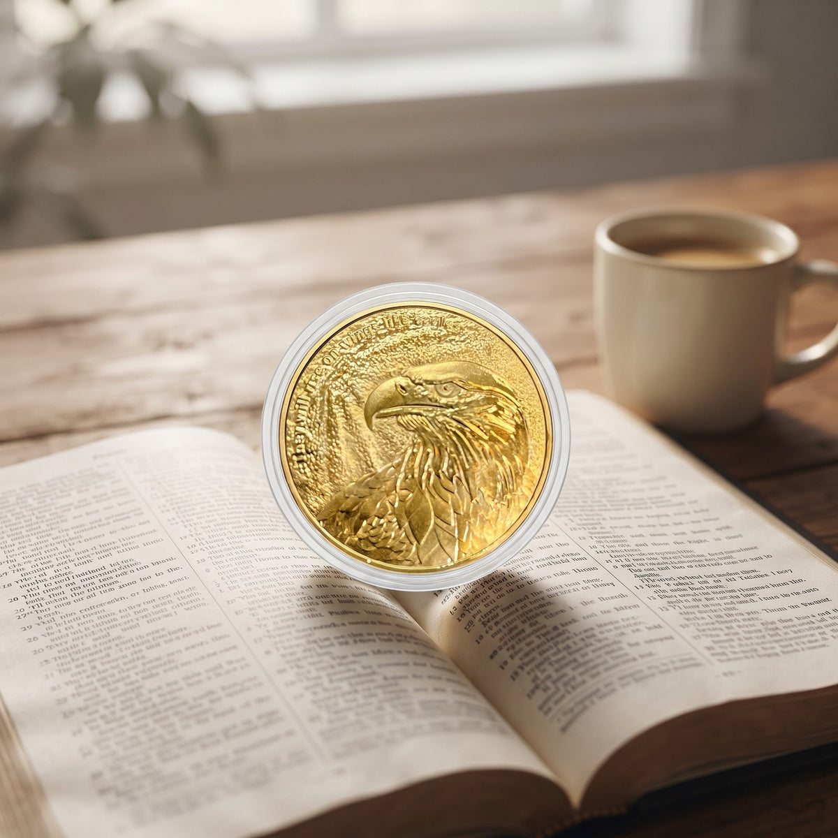 Isaiah 40:31 Eagle Coin in its capsule standing on an open Bible beside a coffee cup