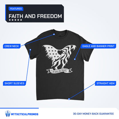 Eagle In God We Trust T-Shirt features labeled: crew neck, short sleeves, eagle and banner print, straight hem